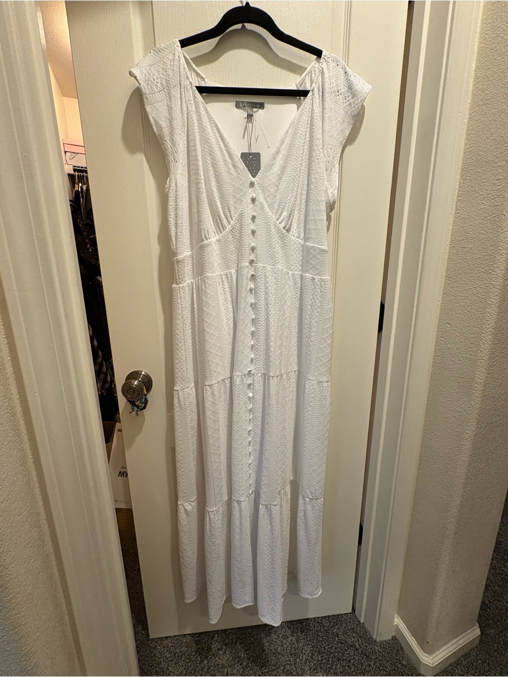 Daniel Rainn White Cap-Sleeve V-Neck Mock Button-Front Maxi Dress